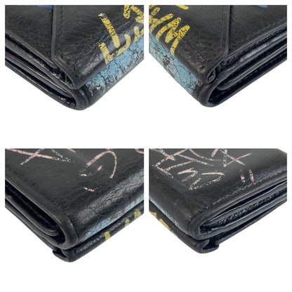 BALENCIAGA Tri-fold wallet 891445 1060 Y 532244 leather Black black Graffiti Paper mini