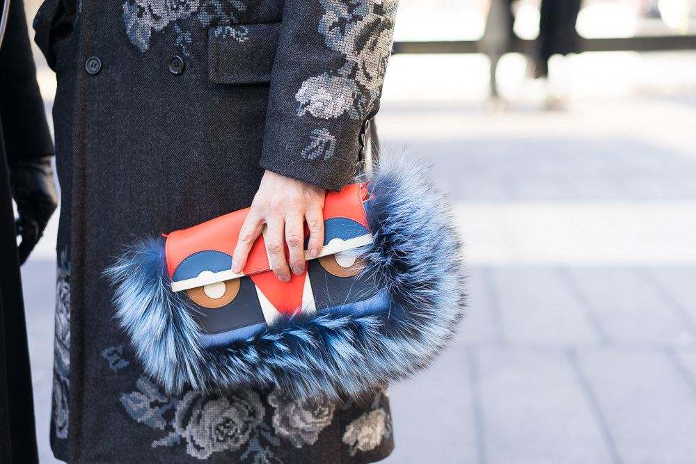 Fendi Baguette Bag Bugs Multicolor Monster Blue Faux Fur Shoulder Bag
