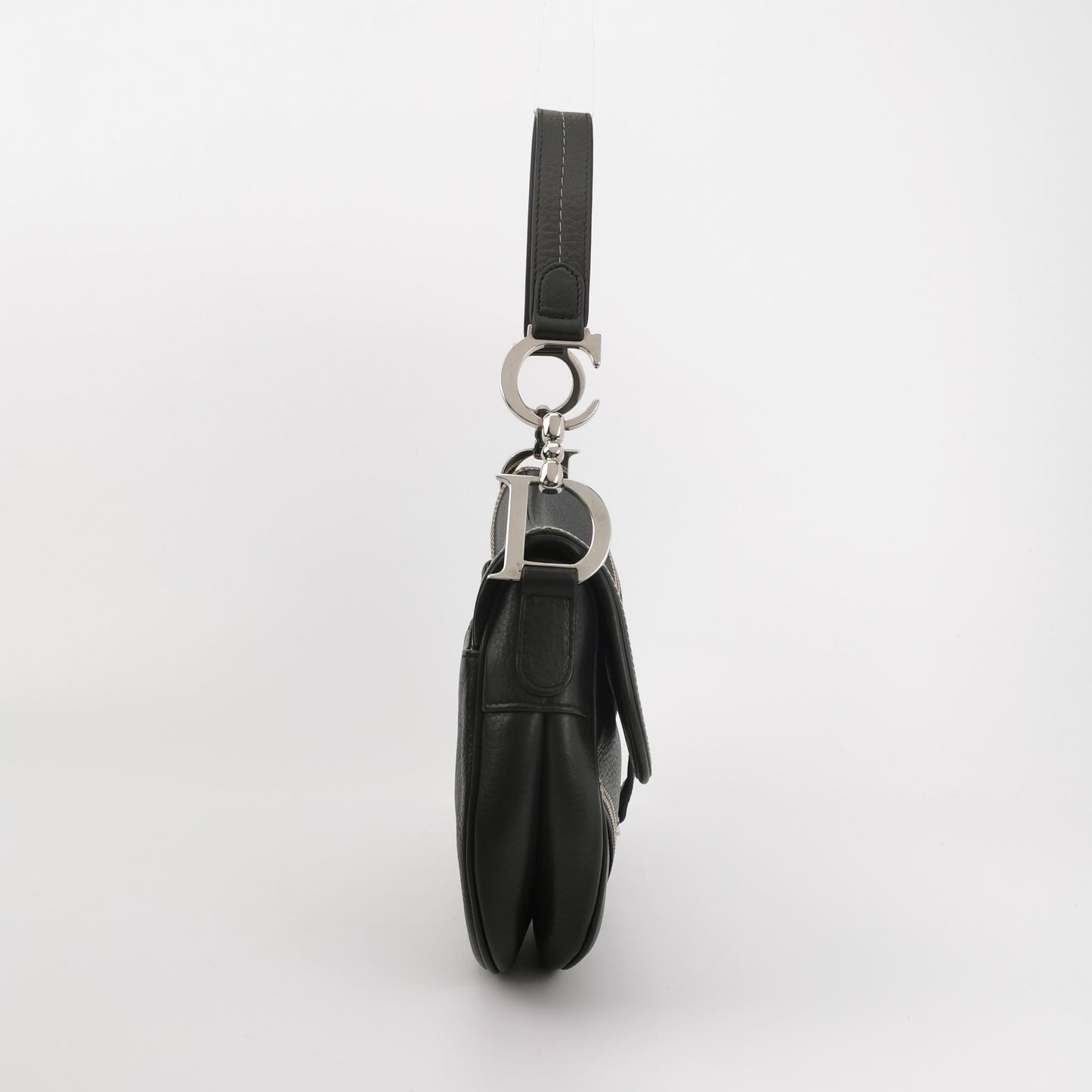 Dior Saddle Vintage Black Calfskin Leather With White Stitching Silver Hardware