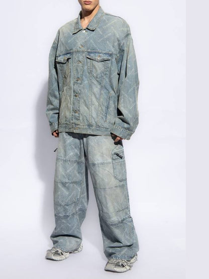 Luxury Balenciaga Trending 2025 Logo Print Denim Jacket Blue