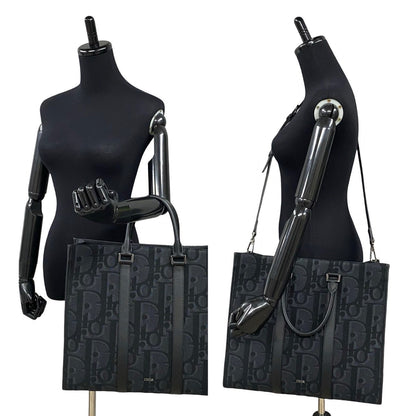 Dior Tote Bag Leather, Canvas black Trotter Pattern East West mens