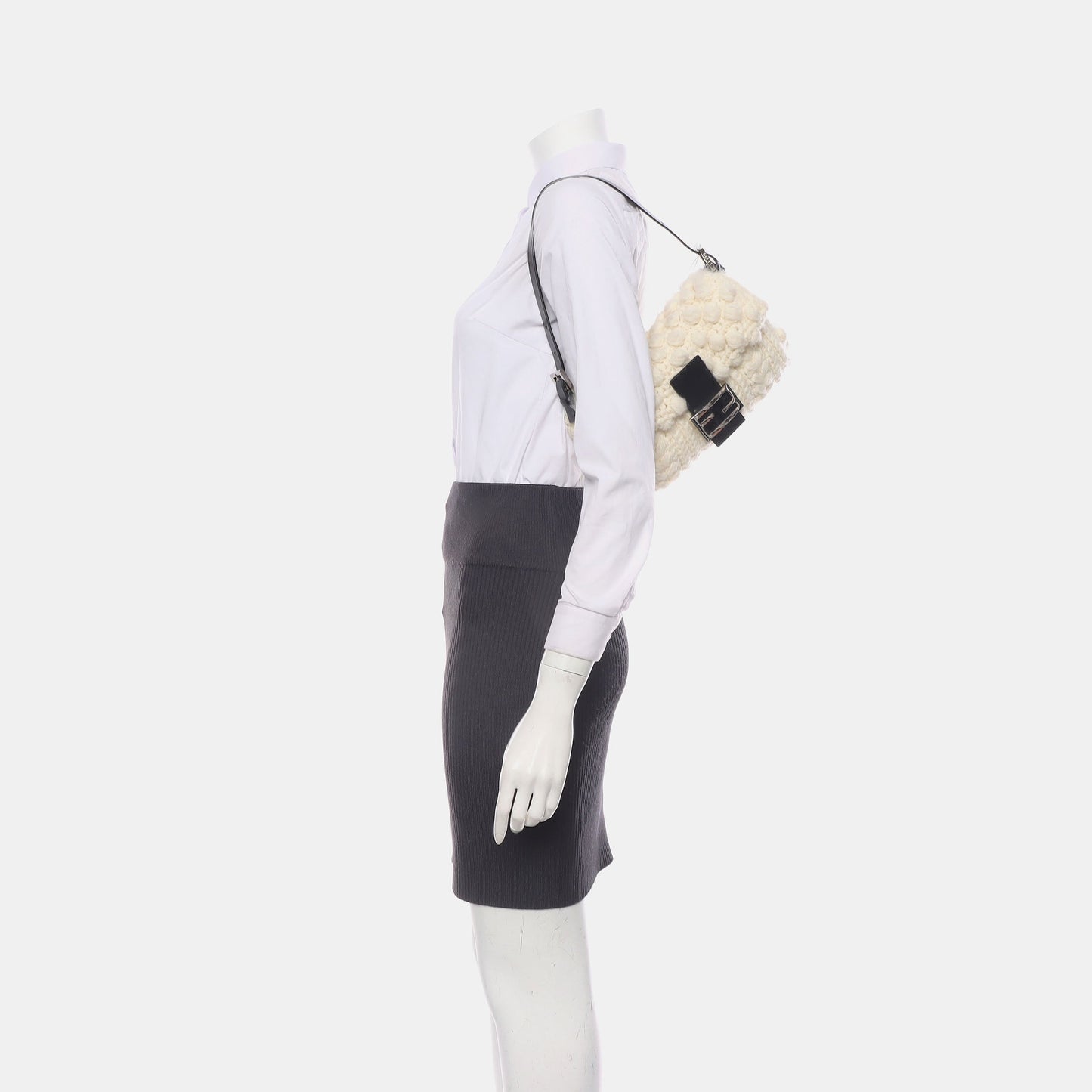 Fendi Baguette Bag White Crochet Knit Wool Pompom Shoulder Bag