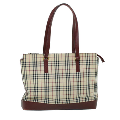 Luxury Burberry Nova Check Tote Bag Canvas Leather Beige Red Auth 54022