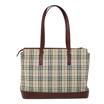 Luxury Burberry Nova Check Tote Bag Canvas Leather Beige Red Auth 54022