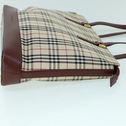 Luxury Burberry Nova Check Tote Bag Canvas Leather Beige Red Auth 54022