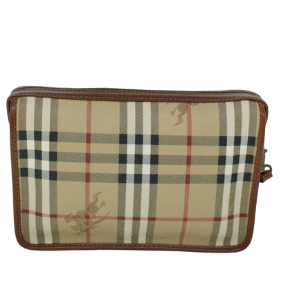 Luxury BurberrySs Nova Check Clutch Bag PVC Leather Beige Black Auth 54026