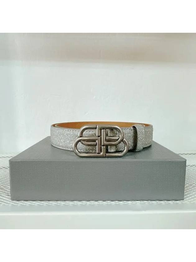 Luxury Balenciaga Trending 2025 BB Buckle Glitter Calf Leather Belt Silver