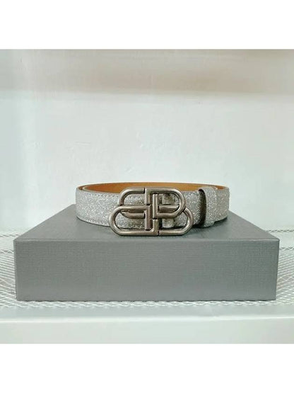 Luxury Balenciaga Trending 2025 BB Buckle Glitter Calf Leather Belt Silver