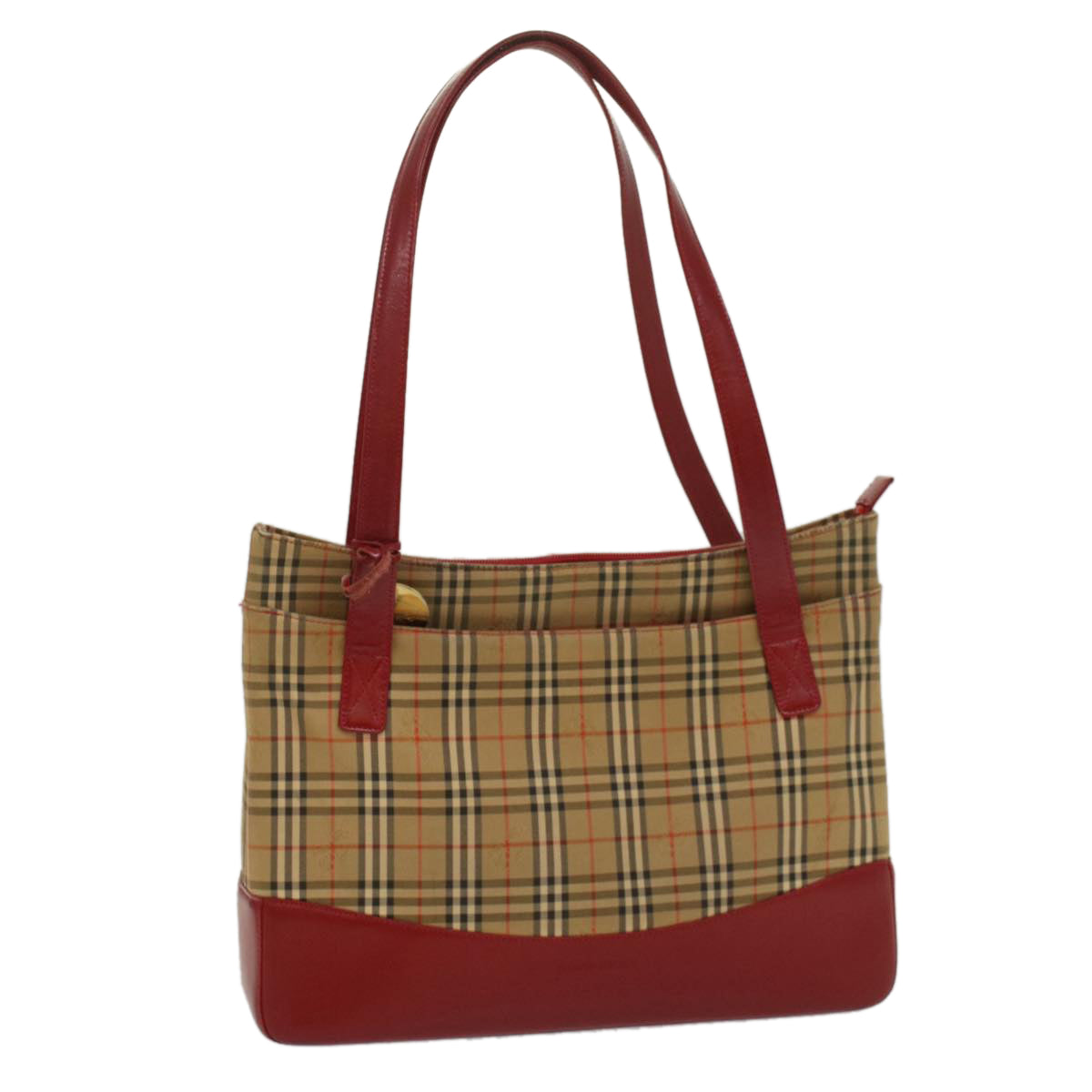 Luxury Burberry Nova Check Tote Bag Nylon Leather Beige Red Auth 54684