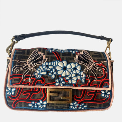 Fendi Baguette Medium Zucca Print with Floral Embroidery Crossbody Bag