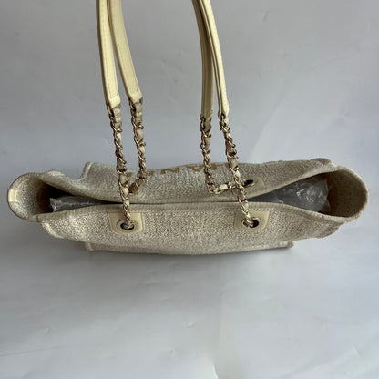 Chanel Deauville Tote Gold Beige Cloth Leather Chain Strap Small 34cm