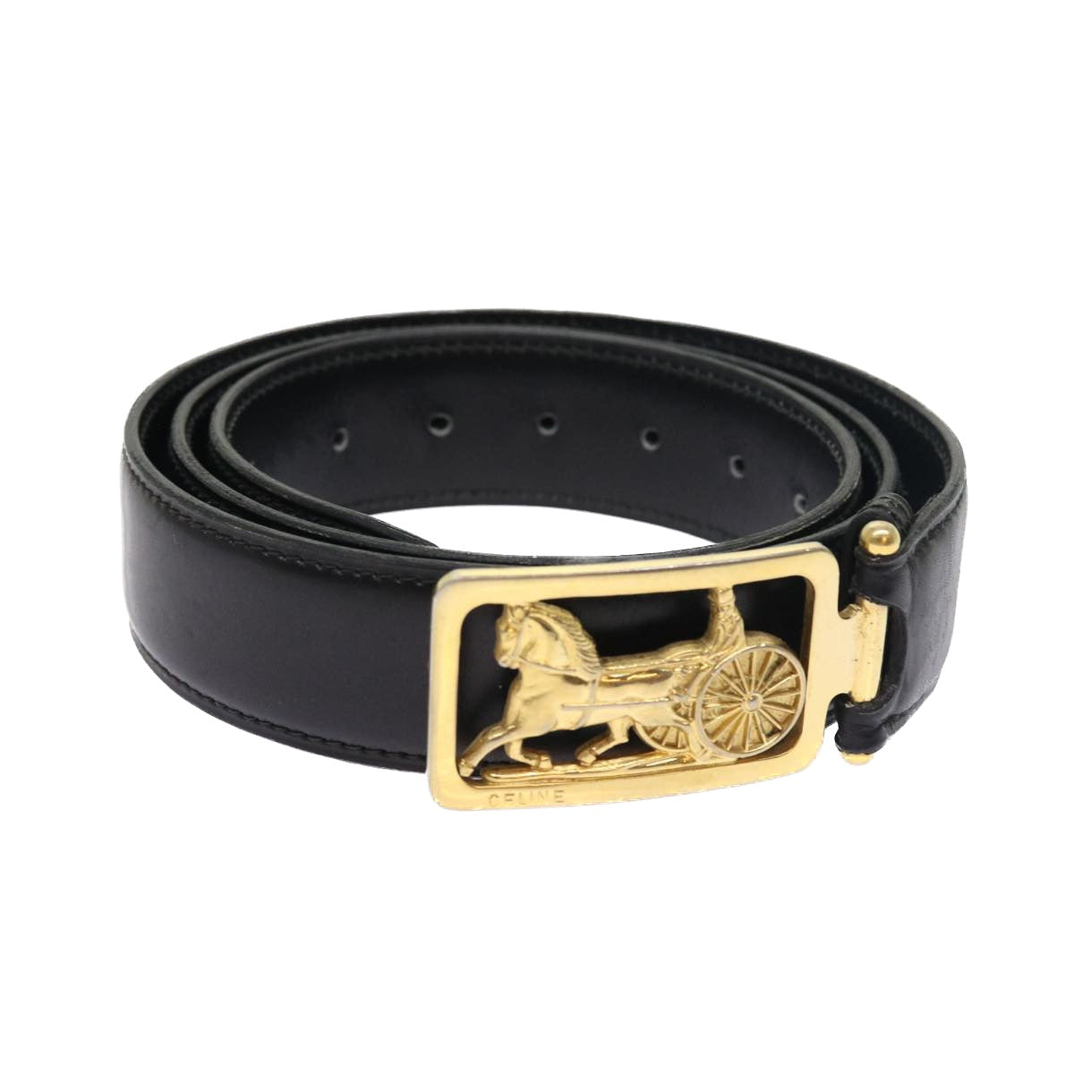 Luxury CELINE Horse Carriage Belt Leather 35.4""-37.8"" Black Gold  54945