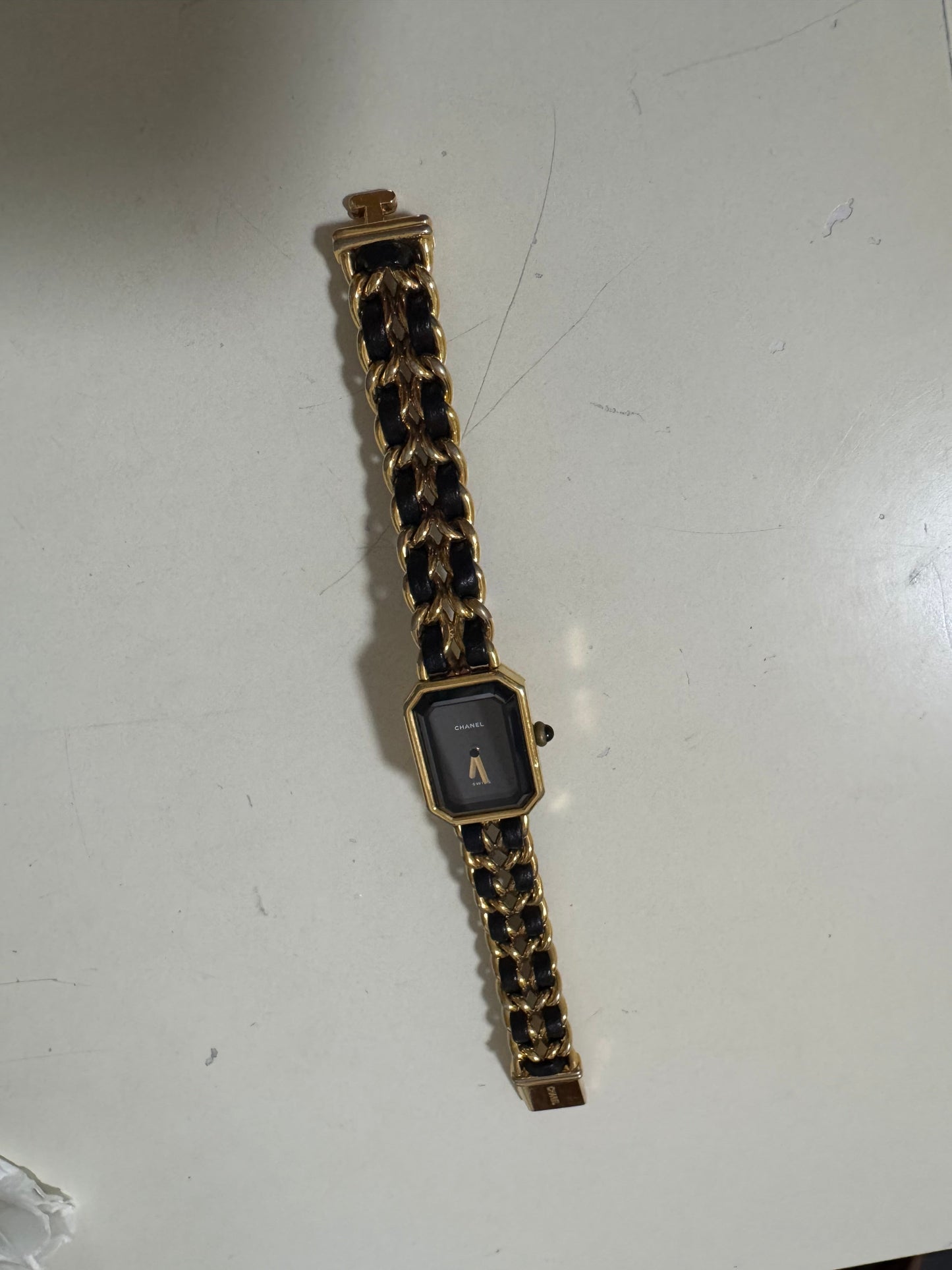 CHANEL 1987 Vintage PREMIERE Watch M Black Leather and 24KT Yellow Gold Plated