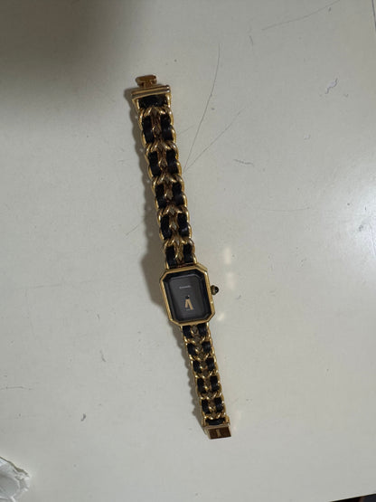 CHANEL 1987 Vintage PREMIERE Watch M Black Leather and 24KT Yellow Gold Plated