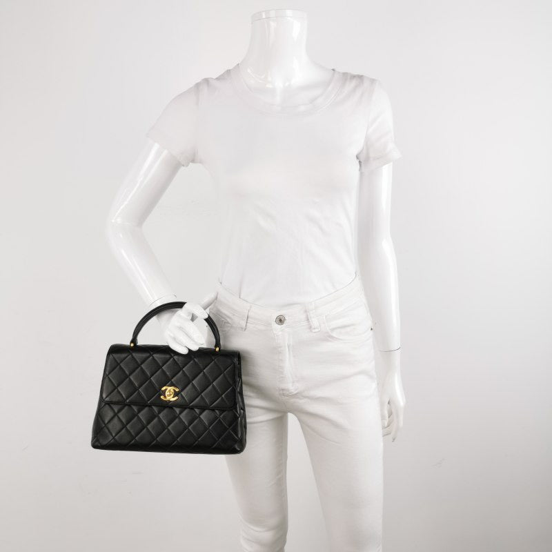 Chanel Vintage Top Handle Kelly Coco Handle Black Flap Bag lambskin leather 24k Gold Hardware