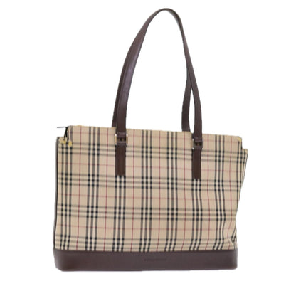 Luxury Burberry Nova Check Tote Bag Nylon Canvas Beige Auth 56398