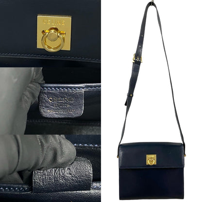 CELINE Shoulder Bag leather Navy logo ring Metal Women