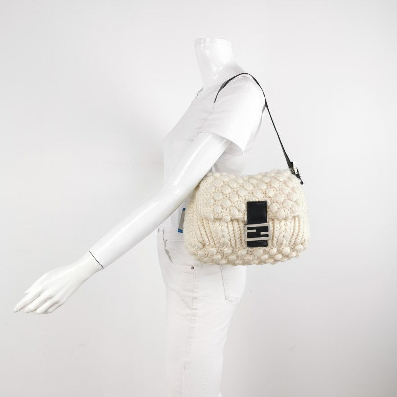 Fendi Mamma Baguette White Crochet Pompom Shoulder Bag