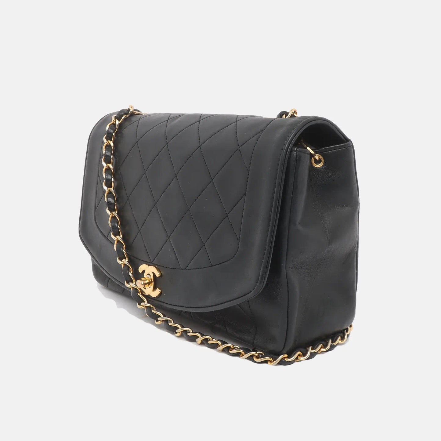 Chanel Diana CC Flap Bag Vintage 1989 Black Lambskin Leather with 24k Gold Hardware