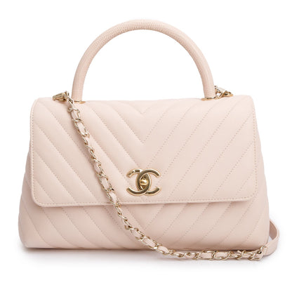 Chanel 2020 Pink Chevron Quilted Caviar Leather Medium Coco Handle Bag