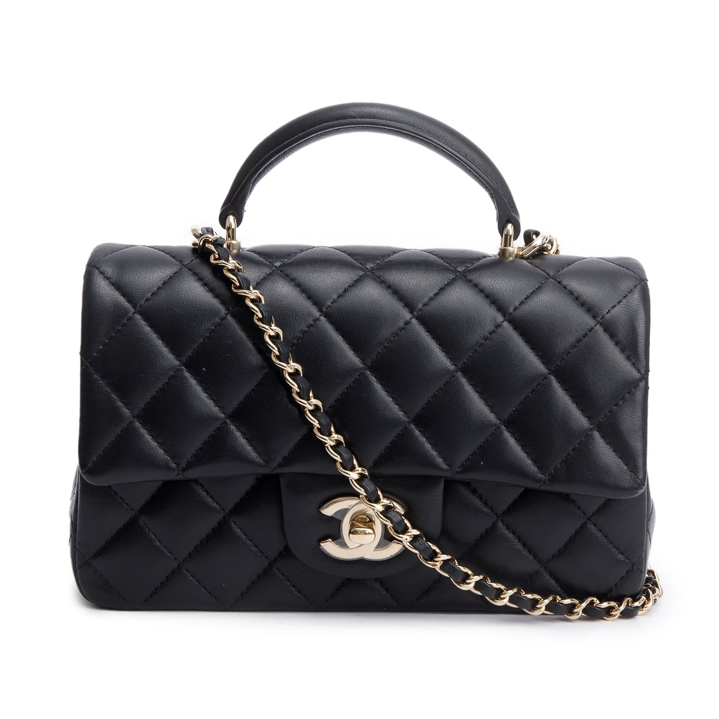 Chanel 2023 Black Quilted Lambskin Leather Mini Top Handle Rectangular Flap Bag