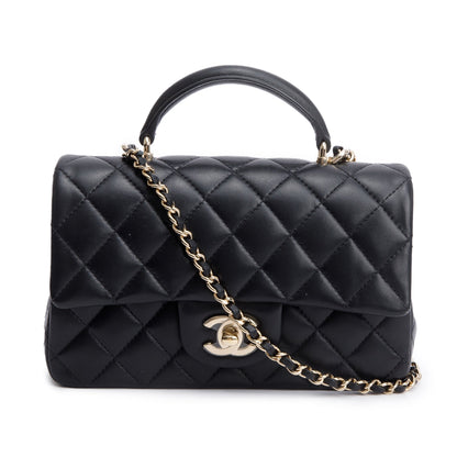 Chanel 2023 Black Quilted Lambskin Leather Mini Top Handle Rectangular Flap Bag