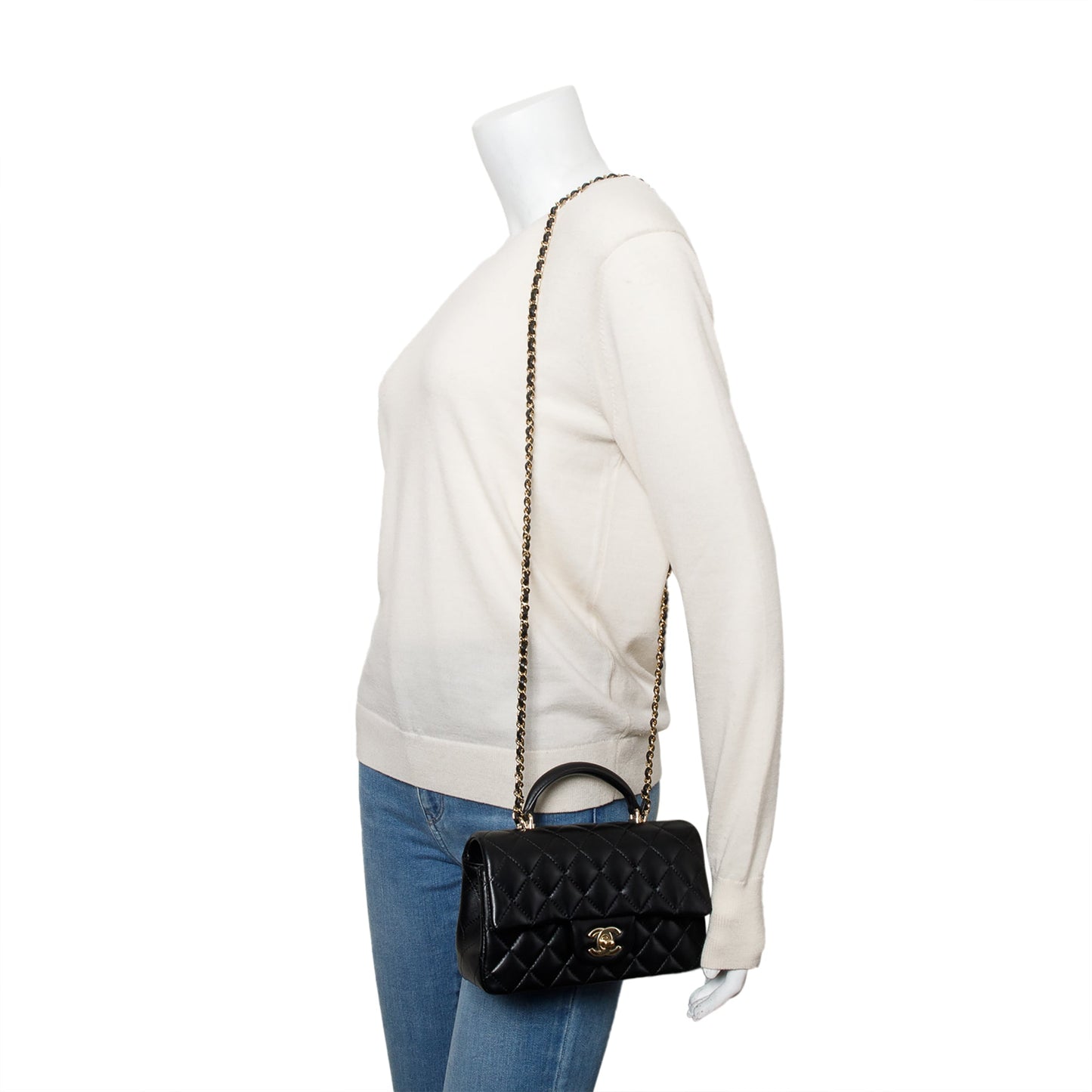 Chanel 2023 Black Quilted Lambskin Leather Mini Top Handle Rectangular Flap Bag
