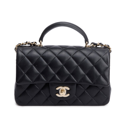 Chanel 2023 Black Quilted Lambskin Leather Mini Top Handle Rectangular Flap Bag
