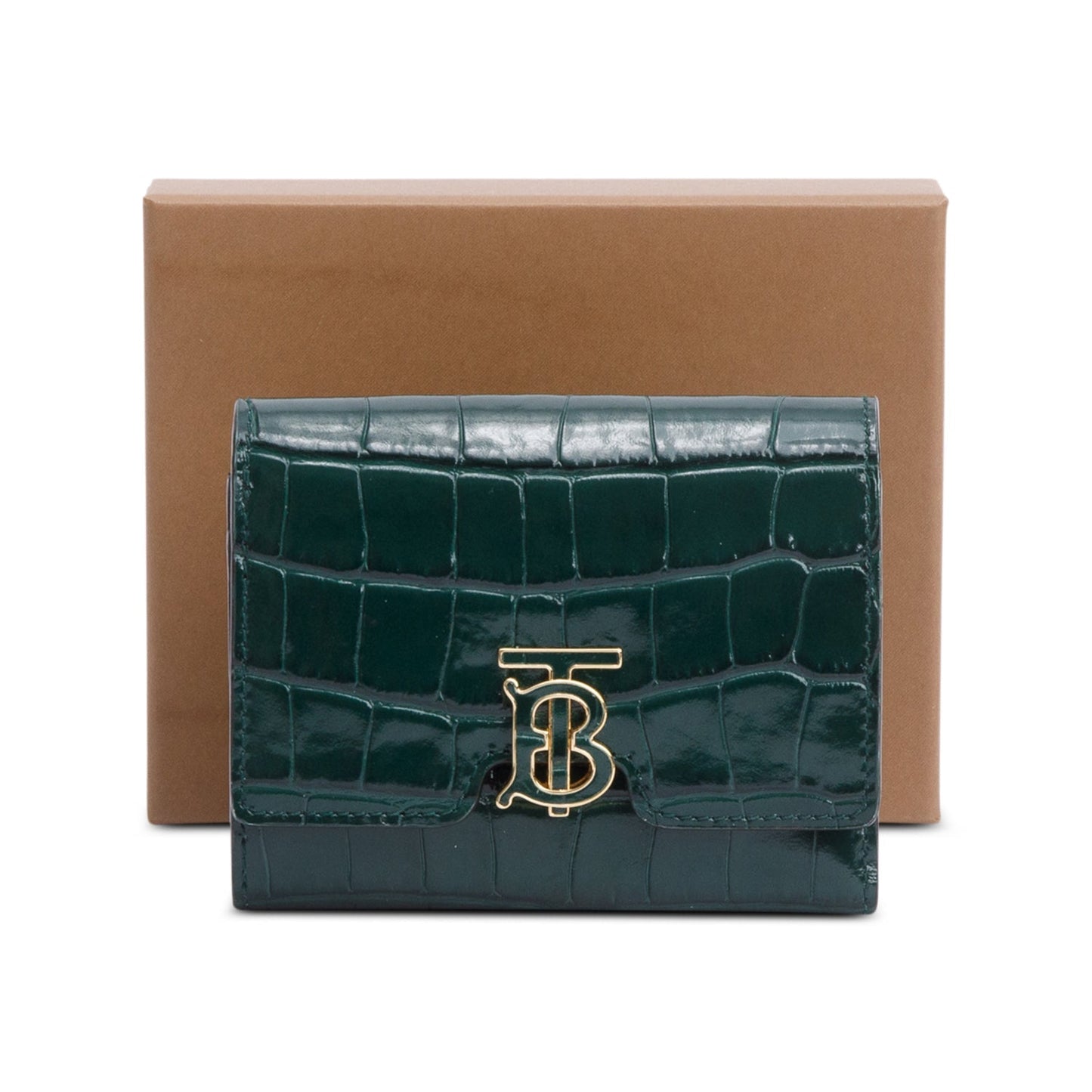 Burberry Green Croc-Embossed Leather TB Compact Wallet