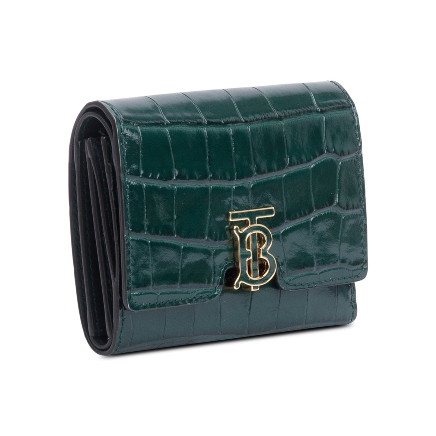 Burberry Green Croc-Embossed Leather TB Compact Wallet
