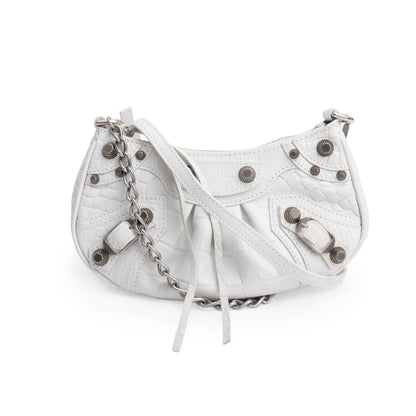 Balenciaga White Crocodile Embossed Leather Mini Le Cagole Crossbody with Chain