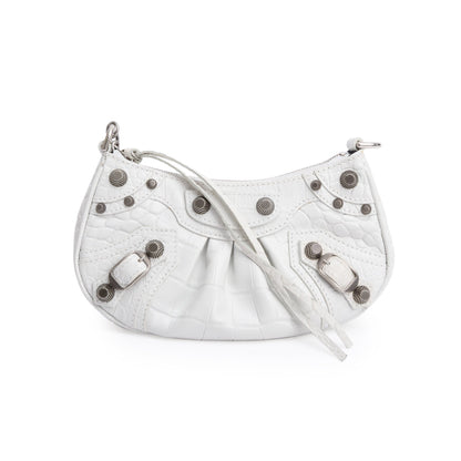 Balenciaga White Crocodile Embossed Leather Mini Le Cagole Crossbody with Chain