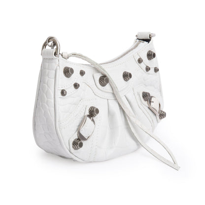 Balenciaga White Crocodile Embossed Leather Mini Le Cagole Crossbody with Chain