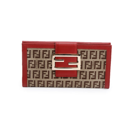 Fendi Red Leather Trim FF Zucca Canvas Continental Wallet