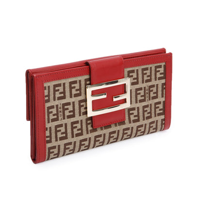 Fendi Red Leather Trim FF Zucca Canvas Continental Wallet