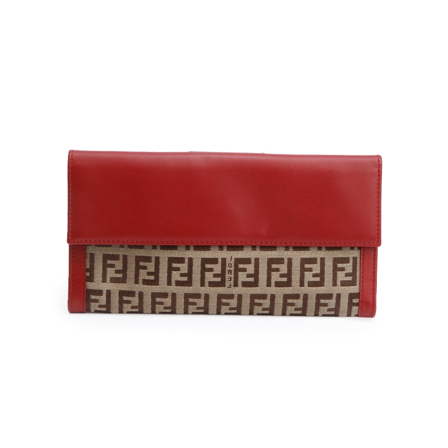 Fendi Red Leather Trim FF Zucca Canvas Continental Wallet