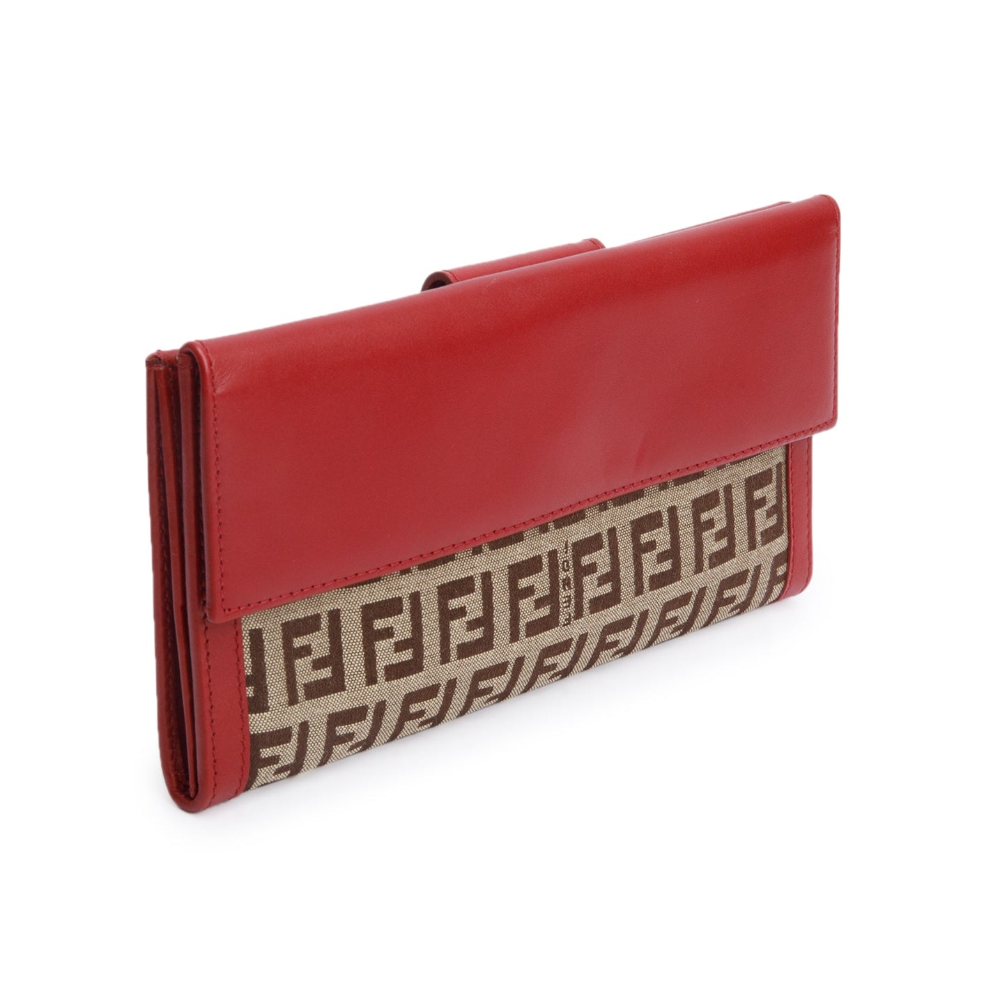 Fendi Red Leather Trim FF Zucca Canvas Continental Wallet