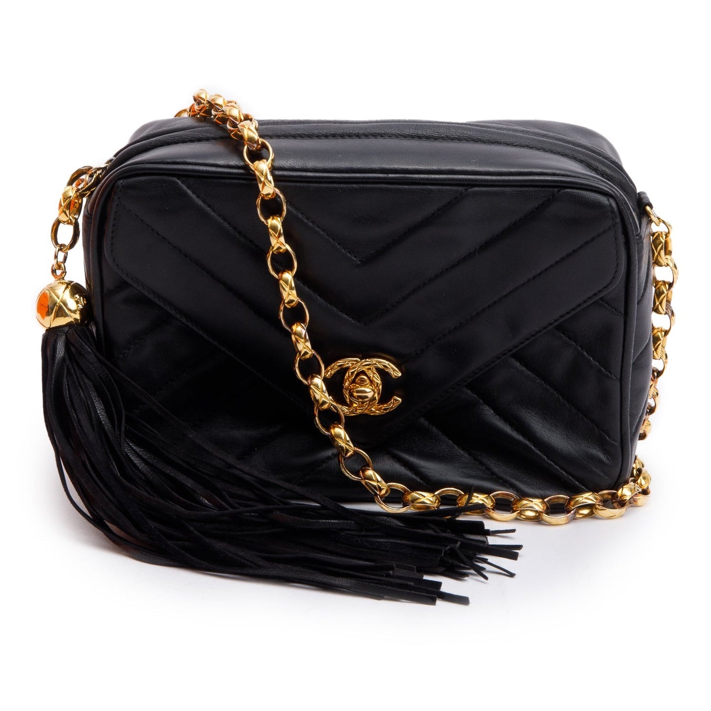Chanel Vintage Black Chevron Lambskin Leather CC Tassel Bijoux Chain Camera Bag