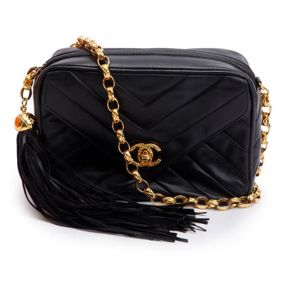 Chanel Vintage Black Chevron Lambskin Leather CC Tassel Bijoux Chain Camera Bag