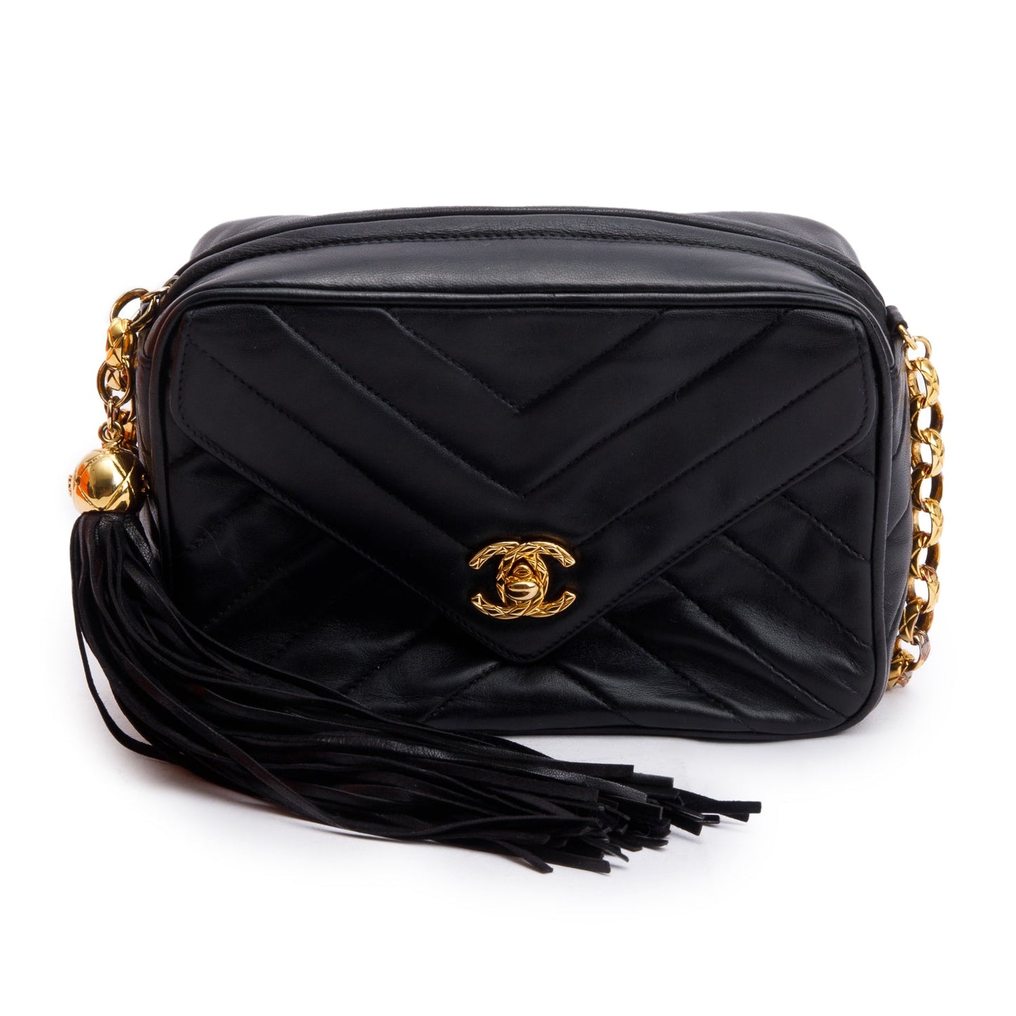 Chanel Vintage Black Chevron Lambskin Leather CC Tassel Bijoux Chain Camera Bag