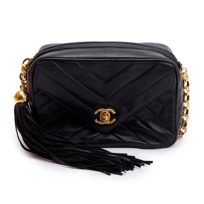 Chanel Vintage Black Chevron Lambskin Leather CC Tassel Bijoux Chain Camera Bag
