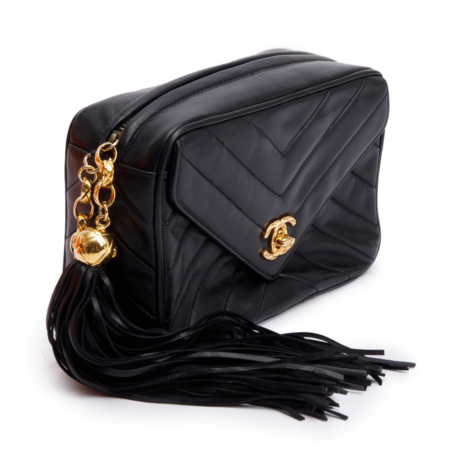 Chanel Vintage Black Chevron Lambskin Leather CC Tassel Bijoux Chain Camera Bag