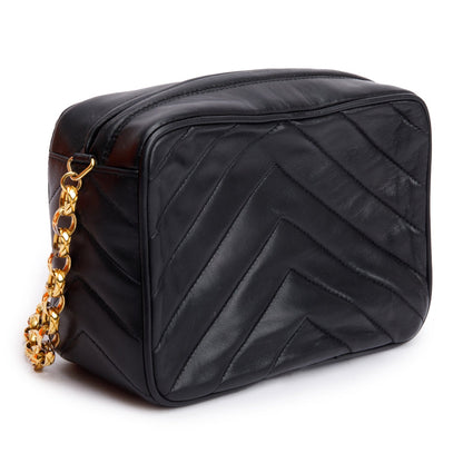 Chanel Vintage Black Chevron Lambskin Leather CC Tassel Bijoux Chain Camera Bag