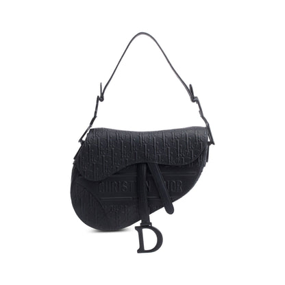 Christian 2022 Dior Black Oblique Embossed Calfskin Leather Saddle Bag