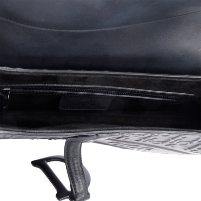 Christian 2022 Dior Black Oblique Embossed Calfskin Leather Saddle Bag