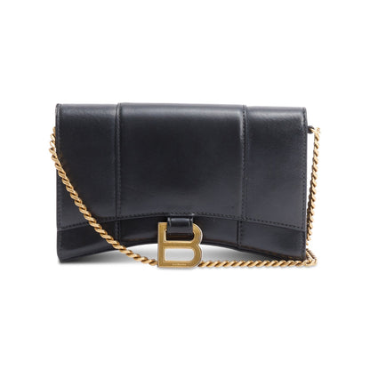 Balenciaga Black Smooth Leather Hourglass Wallet on Chain