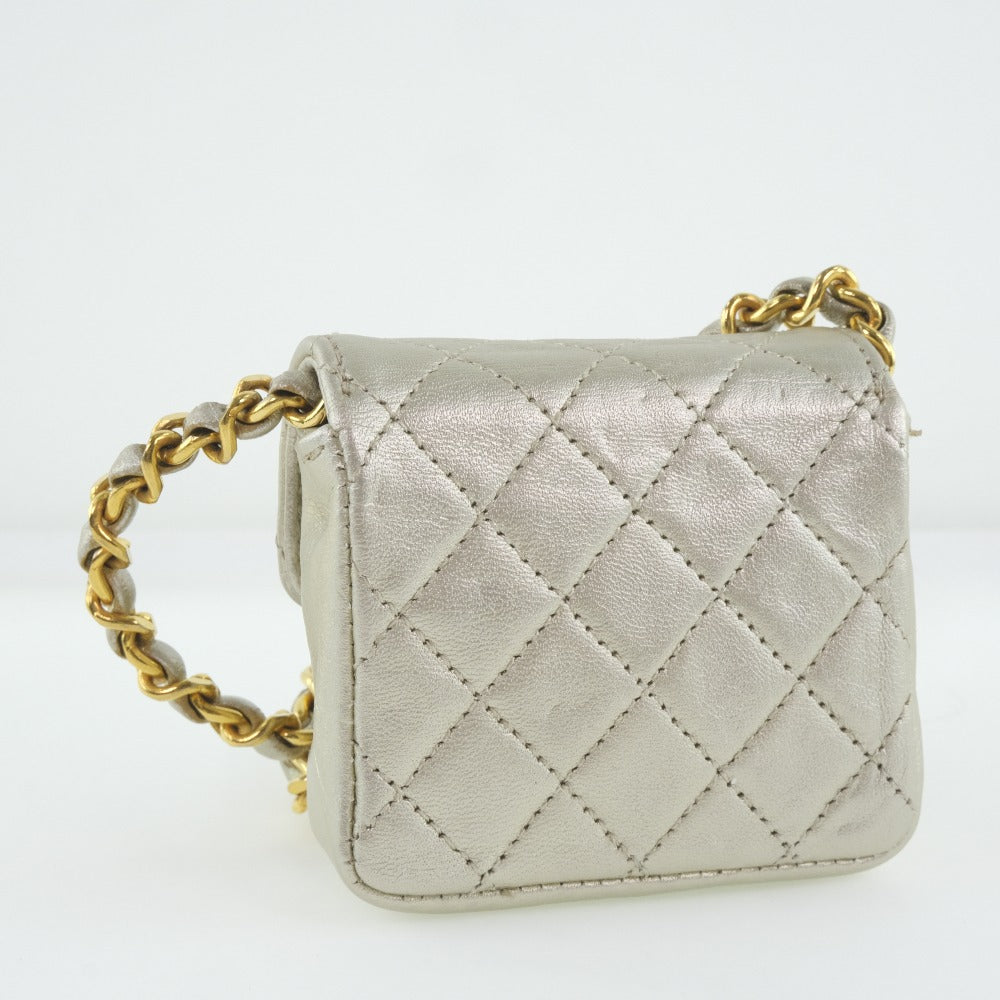 CHANEL Shoulder Bag Calfskin Silver Matrasse Chain Pochette Micro Women