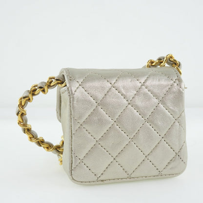 CHANEL Shoulder Bag Calfskin Silver Matrasse Chain Pochette Micro Women