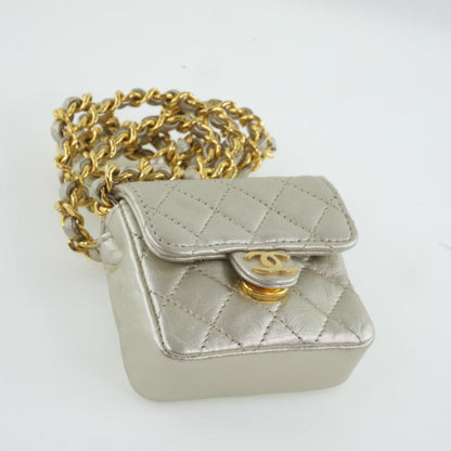 CHANEL Shoulder Bag Calfskin Silver Matrasse Chain Pochette Micro Women