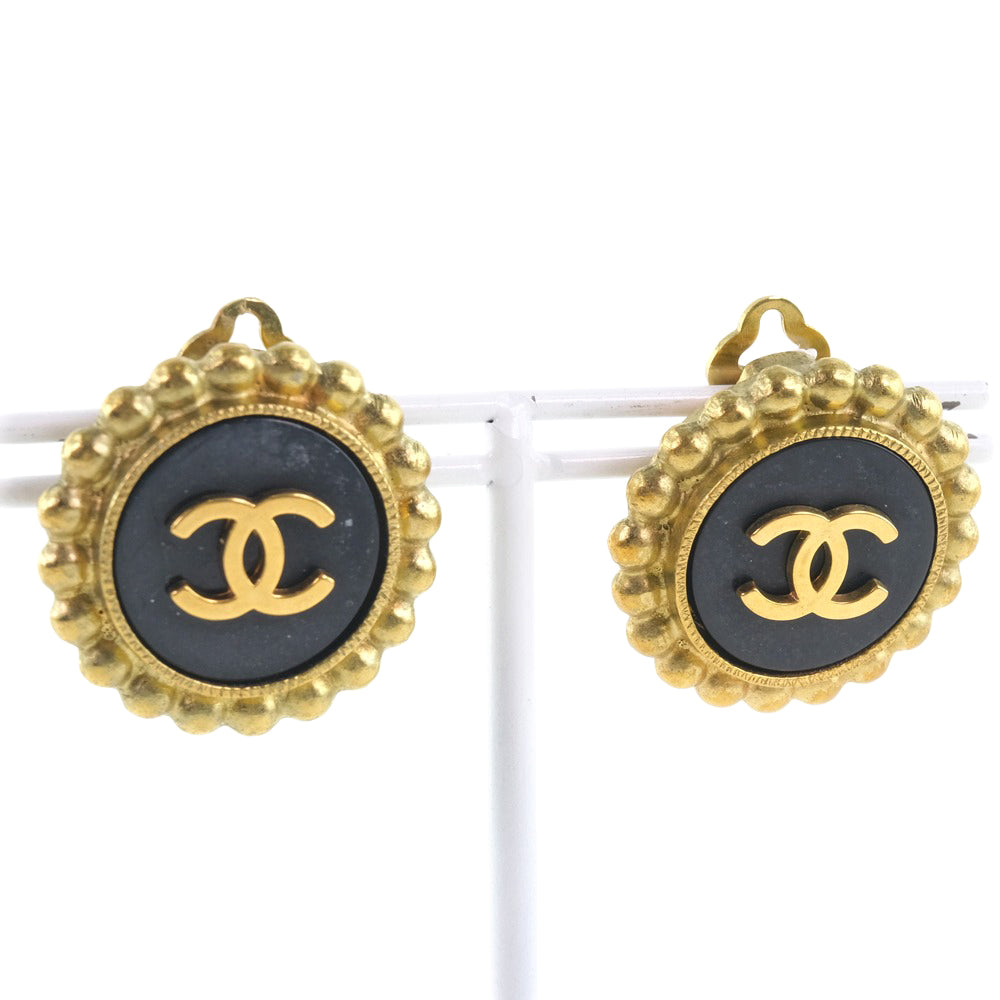 CHANEL Earring Plated Gold black vintage COCO Mark Women